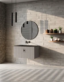 Muebles Raya badmeubel ribbelfront 80cm grijs eiken met zwarte wastafel zonder kraangat