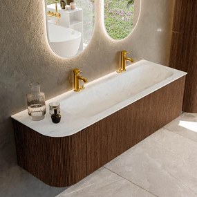 Mondiaz Kurve-dlux 145cm badmeubel ronding links walnut met 1 lade en deur en wastafel big large rechts 2 kraangaten opalo