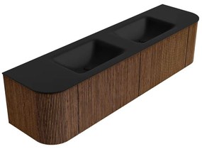 Mondiaz Kurve 180cm badmeubel ronding links/rechts walnut met 2 lades en deuren en wastafel cloud dubbel zonder kraangat urban