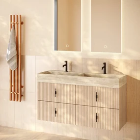 Muebles Murcia badmeubel ribbelfront 120cm naturel eiken met White Travertin wastafel met kraangaten