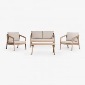 Tuinset Met 2-zitsbank, 2 Fauteuils En Salontafel Van Acaciahout En Gevlochten Kaela-touw Lichte Acaciekleur & Stof Zandbruin - Sklum