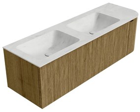 Mondiaz Kurve-dlux 145cm badmeubel ronding rechts dusk met 1 lade en deur en wastafel leaf dubbel/links 2 kraangaten opalo