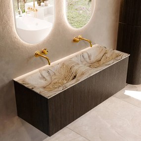 Mondiaz Kurve-dlux 120cm badmeubel shadow met 1 lade en wastafel leaf dubbel zonder kraangat glace