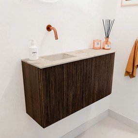 Mondiaz Joya DLux 80cm toiletmeubel ronding rechts walnut met wastafel faye links zonder kraangat frappe