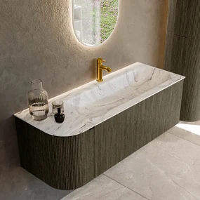 Mondiaz Kurve-dlux 125cm badmeubel ronding links shadow met 1 lade en deur en wastafel big medium kraangat rechts glace