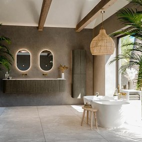 Mondiaz Kurve-dlux 200cm badmeubel ronding links/rechts shadow met 2 lades en deuren en wastafel stor small dubbel zonder kraangat glace