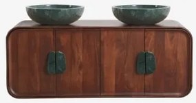 Dubbel Zwevend Badkamermeubelset 130x45 Cm Van Mangohout En Natuurlijke Kivalina-steen Groen Marmer Uit Udaipur - Donker Mangohout & 2 X Onde Groene -