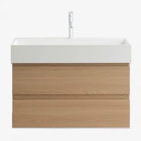 Badkamermeubelset Van Hout En Essenhoutfineer Met Geïntegreerde Wastafel Ona Natuurlijk Hout & Spiegelloze & Wit ↑20 Cm - Sklum
