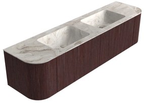 Mondiaz Kurve-dlux 180cm badmeubel ronding links/rechts ruby met 2 lades en deuren en wastafel leaf dubbel zonder kraangat frappe