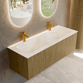 Mondiaz Kurve-dlux 130cm badmeubel dusk met 2 lades en wastafel leaf dubbel 2 kraangaten ostra