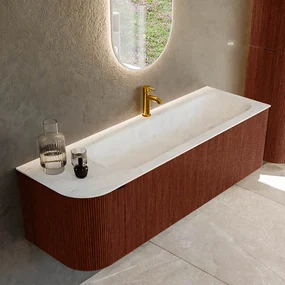Mondiaz Kurve-dlux 145cm badmeubel ronding links ruby met 1 lade en deur en wastafel big large kraangat rechts opalo