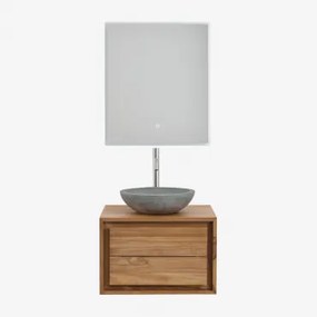 Jabari Teakhouten Badkamermeubelset Teakhout & Rond Grijs Cement Ø40 Cm Tarsis & Rechthoekige Led En Anticondens 60x70 Cm Tamsin - Sklum