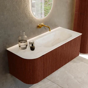 Mondiaz Kurve-dlux 115cm badmeubel ronding links ruby met 1 lade en deur en wastafel big small rechts zonder kraangat ostra