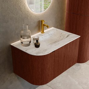 Mondiaz Kurve-dlux 75cm badmeubel ronding links ruby met 1 lade en deur en wastafel grunne kraangat rechts glace