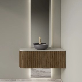 Gliss Design Alluro badmeubel ribbelfront met ronding links 100cm castle brown en wit marmer toppaneel