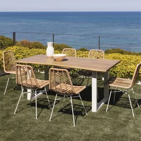 Set Van Een Rechthoekige Tafel 180x90 Cm Van Acaciahout En Staal Maupi En 6 Tuinstoelen Van Synthetisch Riet Gouda Natural Gardenia Wit & Geen Kussen