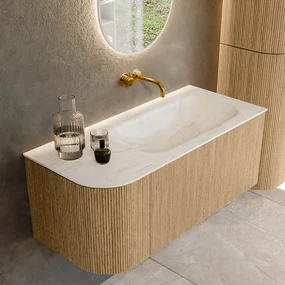 Mondiaz Kurve-dlux 105cm badmeubel ronding links oak met 1 lade en deur en wastafel big small rechts zonder kraangat ostra