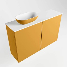 Mondiaz Fowy toiletmeubel 80cm ocher met gele waskom links en kraangat