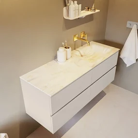 Mondiaz Vica DLux badmeubel 130cm linen 4 lades met wastafel ostra rechts zonder kraangat