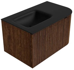 Mondiaz Kurve 75cm badmeubel ronding rechts walnut met 1 lade en deur en wastafel grunne kraangat links urban