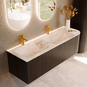 Mondiaz Kurve-dlux 145cm badmeubel ronding rechts shadow met 1 lade en deur en wastafel leaf dubbel/links 2 kraangaten frappe