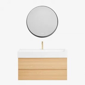 Ona Zwevend Badkamermeubelset Van Hout En Essenfineer Met Geïntegreerde Wastafel Natuurlijk Hout & Round Led And Antifog Zwart Ø80 - Sklum