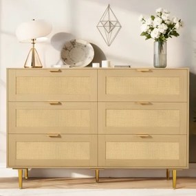 VEVOR Rattan Commode met 6 Laden, Metalen Handgrepen en Poten, Moderne Rattan Kast voor Slaapkamer, Woonkamer, Hal (120 x 39,5 x 85,4 cm) Kledingkast
