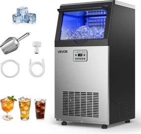 VEVOR Commerciële IJsmachine 45 kg/24 uur, IJsblokjesmachine met een opslagcapaciteit van 14 kg, Roestvrijstalen IJsblokjesmachine met LED-display en zelfreinigende functie, Ideaal voor Restaurants, Cafés en Bars
