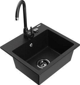 Mexen Milo granieten gootsteen met 1 bak en keukenkraan Telma, zwart - 6505-77-670200-70-B