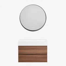 Badkamermeubelset Van Hout En Essenhoutfineer Met Geïntegreerde Wastafel Ona Donker Hout & Round Led And Antifog Zwart Ø80 Cm Kimacs & Zonder - Sklum
