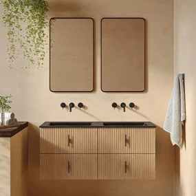 Muebles Marbella badmeubel ribbelfront 120cm warm eiken met zwarte wastafel zonder kraangat