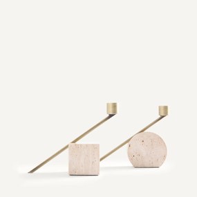Set van 2 travertijnen kandelaars, hoogte 12,6 cm, SEBASTIANO