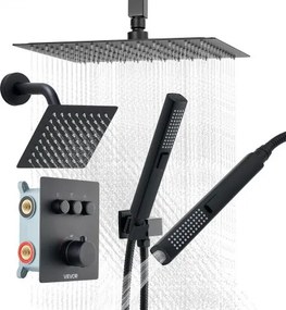 VEVOR Douchesysteemset met 12 inch regendouchesysteem / 6 inch wandmontagekop / 2-in-1 handdouche, draaibare dubbele regenkop (3 functies), messing klepafwerkingsset, matzwarte thermostaat