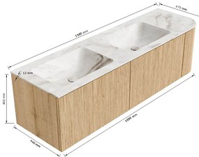 Mondiaz Kurve-dlux 155cm badmeubel ronding rechts walnut met 2 lades en 1 deur en wastafel leaf dubbel/links 2 kraangaten glace