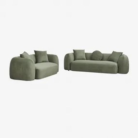 Zitkamer Set Met Modulaire 3-zitsbank En 2-zitsbank In Coco Chenille Stof Chenille Groen – Salie - Sklum