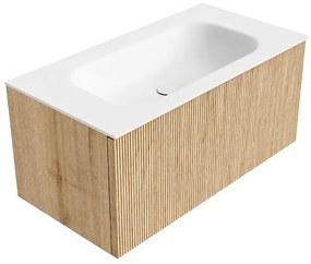 Mondiaz Kurve 90cm badmeubel oak met 1 lade en wastafel big small midden zonder kraangat