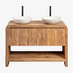 Vacry Houten Badkamermeubelset Acacia Bruin & 2 X Rond Wit Cement Ø40 Cm Zavion & Spiegelloze & ↔︎ 120 Cm & 2 X Matzwart ↑30 Cm Met Afvo - Sklum