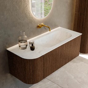 Mondiaz Kurve-dlux 115cm badmeubel ronding links walnut met 1 lade en deur en wastafel big small rechts zonder kraangat opalo