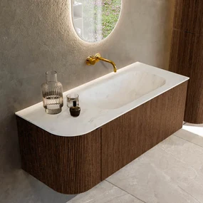 Mondiaz Kurve-dlux 115cm badmeubel ronding links walnut met 1 lade en deur en wastafel big small rechts zonder kraangat opalo