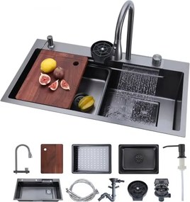 VEVOR Inbouwspoelbak 850 x 460 x 236 mm, Inbouwspoelbak met geïntegreerde opstap, watervalkraan en snijplank, enkele kom. Geschikt voor campers, voorbereidingskeukens, wasruimtes en bars.
