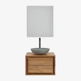 Jabari Teakhouten Badkamermeubelset Teakhout & Rond Grijs Cement Ø40 Cm Tarsis & Rechthoekige Led En Anticondens 60x70 Cm Riben & Zwart - Sklum