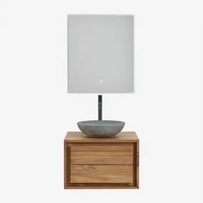 Jabari Zwevend Badkamermeubelset Van Teakhout Teakhout & Rond Grijs Cement Ø40 Cm Tarsis & Rechthoekige Led En Anticondens 60x70 Cm Riben & Mat -