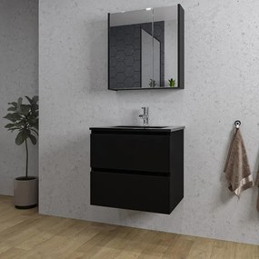 Adema Chaci Badkamermeubelset - 60x46x57cm - 1 keramische wasbak zwart - 1 kraangat - 2 lades - Spiegelkast - mat zwart SW1212760/SW1212815/SW812071/SW761654