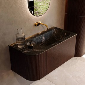 Mondiaz Kurve-dlux 95cm badmeubel ronding links ruby met 1 lade en deur en wastafel big small rechts zonder kraangat lava