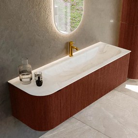 Mondiaz Kurve-dlux 145cm badmeubel ronding links ruby met 1 lade en deur en wastafel big large kraangat rechts ostra
