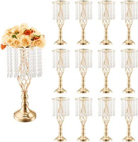 VEVOR 12 stuks 49 cm hoge kristallen glazen bloemenstandaard voor bruiloften, metalen vaas voor bruiloftsstukken, gouden bloemenhouders, bloemenstandaards voor tafels, bruiloftsdiners, feesten, ceremonies, verjaardagsfeesten