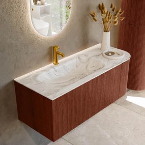 Mondiaz Kurve-dlux 115cm badmeubel ronding rechts ruby met 1 lade en deur en wastafel big small kraangat links glace