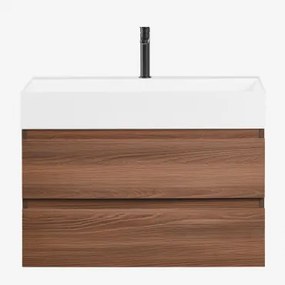 Ona Zwevend Badkamermeubelset Van Hout En Essenfineer Met Geïntegreerde Wastafel Spiegelloze & Donker Hout & ↔︎ 80 Cm & Mat Zwart ↑20 Cm - Sklum