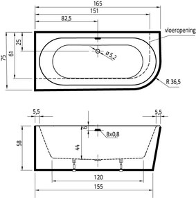 Xenz Charley half vrijstaand bad acryl 165x75x60cm links zwart mat met badvulcombinatie zwart mat
