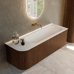 Mondiaz Kurve 135cm badmeubel ronding links walnut met 1 lade en deur en wastafel big medium rechts zonder kraangat